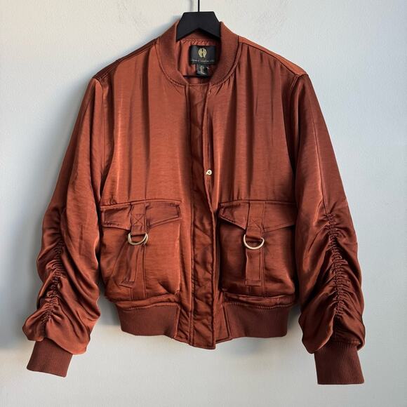 House of Harlow 1960 Gina Satin Bomber Jacket in Copper S - Picture 1 of 9